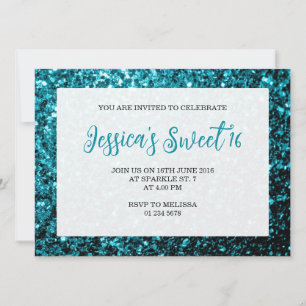 Invitación Purpurina azul Aqua chispa Sweet 16 guión elegante