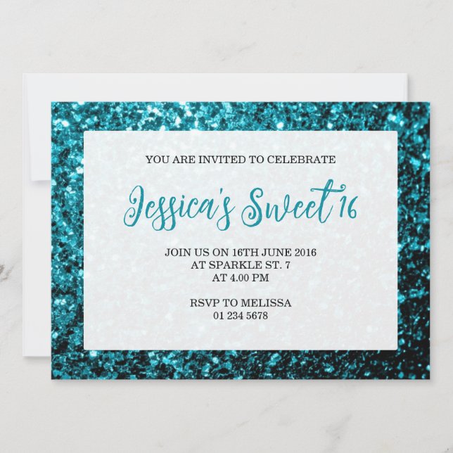 Invitación Purpurina azul Aqua chispa Sweet 16 guión elegante (Anverso)