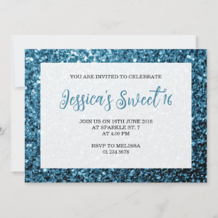 Invitación Purpurina azul bebé brilla Sweet 16 guión elegante