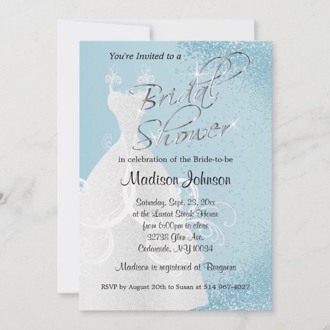 Invitación Purpurina azul bebé ducha de novia (Anverso)