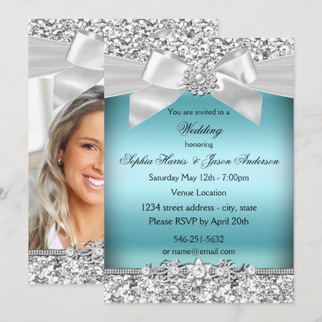 Invitación Purpurina azul boda Silver (Anverso / Reverso)