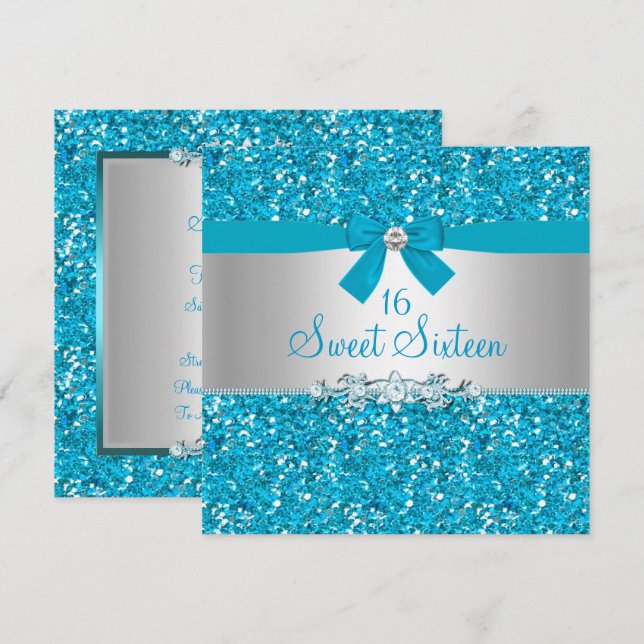 Invitación Purpurina azul Bow Sweet 16 Invitado (Anverso / Reverso)