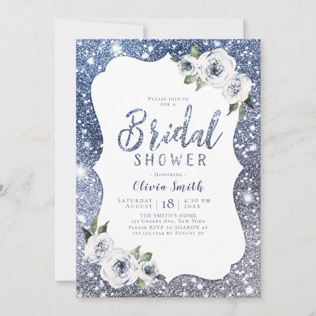 Invitación Purpurina azul brillante y ducha de novia florida (Anverso)