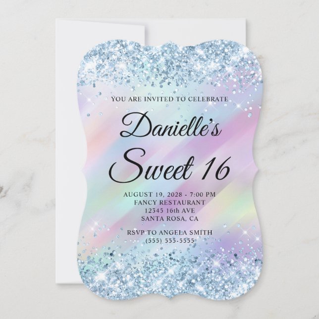 Invitación Purpurina azul claro Aqua Purple Holograph Sweet 1 (Anverso)