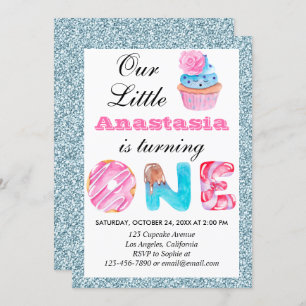 Invitación Purpurina azul claro de pastel lindo primer cumple