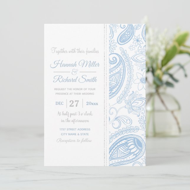 Invitación Purpurina Azul Clásico Patrón blanco floral Paisle (Anverso de pie)