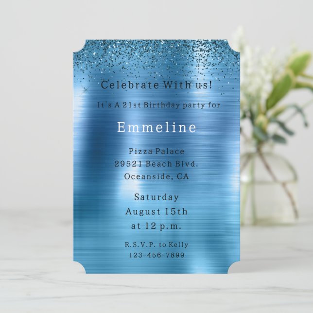 Invitación Purpurina azul de Aqua metálico de moda (Anverso de pie)