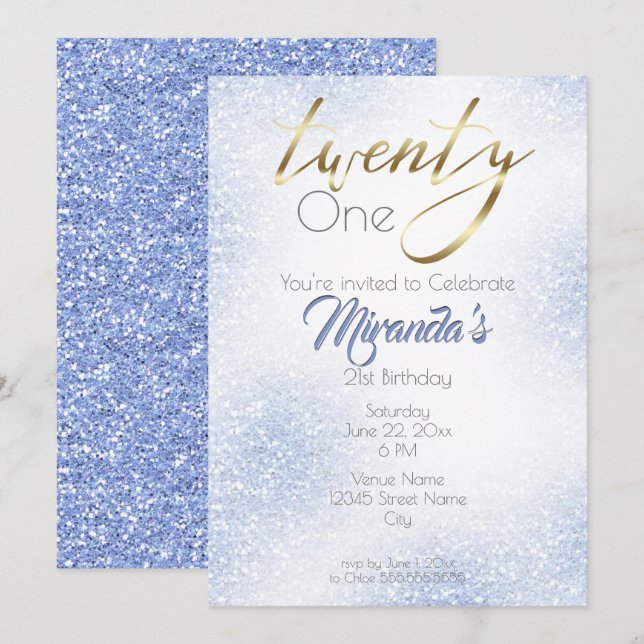 Invitación Purpurina azul de Cornflower y oro 21 (Anverso / Reverso)