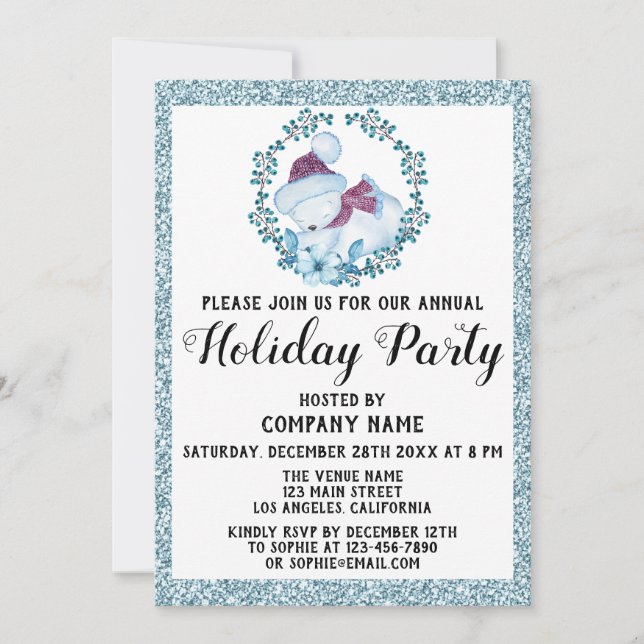 Invitación Purpurina azul de fiesta navideña de la compañía n (Anverso)