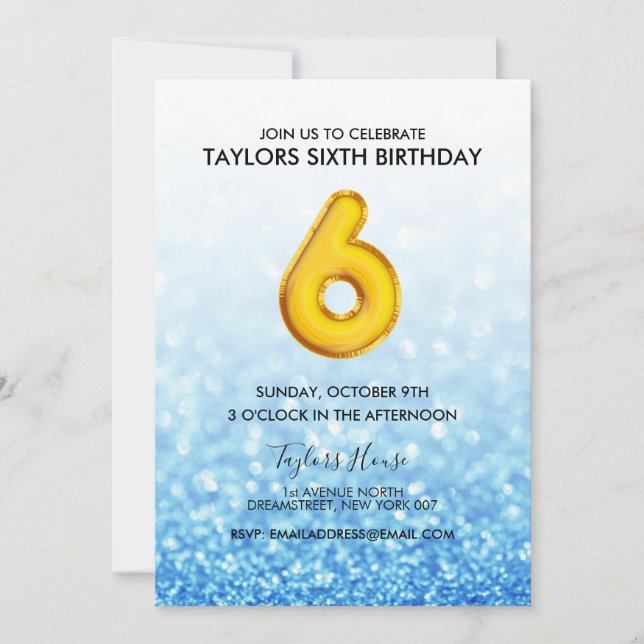 Invitación Purpurina azul de globo de oro 6ª fiesta de cumple (Anverso)