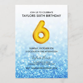 Invitación Purpurina azul de globo de oro 6ª fiesta de cumple