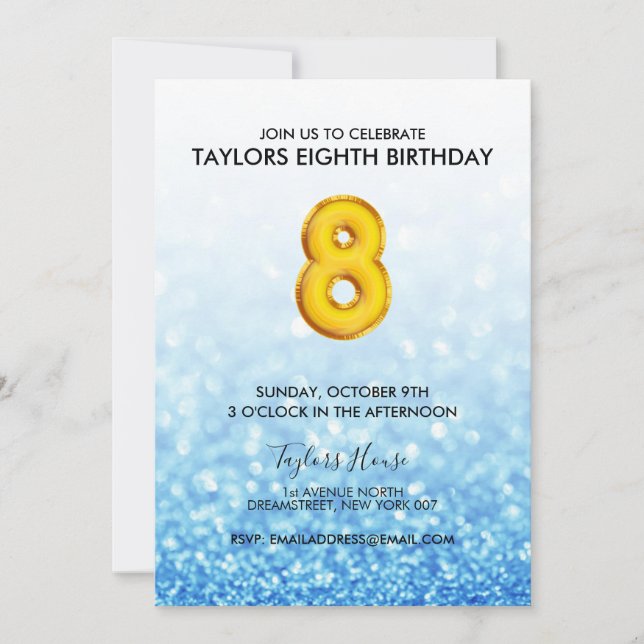 Invitación Purpurina azul de globo de oro 8 cumpleaños (Anverso)