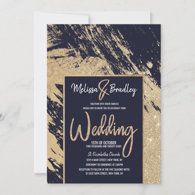 Invitación Purpurina azul de la Marina de Oro moderna Boda de (Anverso)