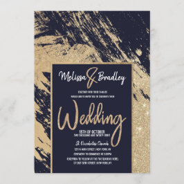 Invitación Purpurina azul de la Marina de Oro moderna Boda de