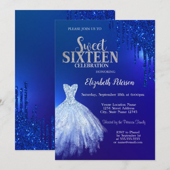 Invitación Purpurina azul de la Marina, Dress Blue Sweet 16 (Anverso / Reverso)