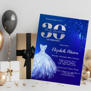 Invitación Purpurina azul de la marina gotea, vestido azul 30