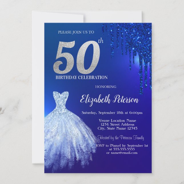 Invitación Purpurina azul de la marina gotea, vestido azul 50 (Anverso)