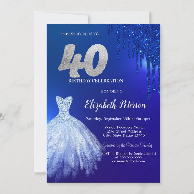 Invitación Purpurina azul de la Marina, vestido azul 40 cumpl (Anverso)