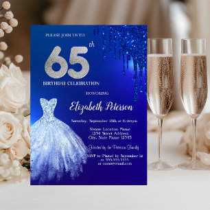Invitación Purpurina azul de la marina, vestido azul 65 cumpl
