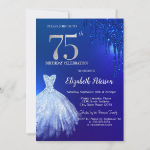 Invitación Purpurina azul de la marina, vestido azul 75 cumpl