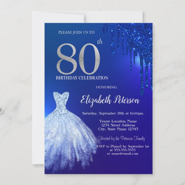 Invitación Purpurina azul de la Marina, vestido azul 80 cumpl (Anverso)