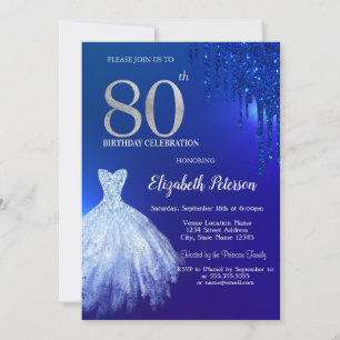 Invitación Purpurina azul de la Marina, vestido azul 80 cumpl