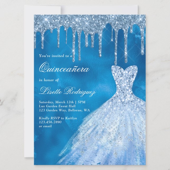Invitación Purpurina azul de lujo Drips Quinceanera (Anverso)