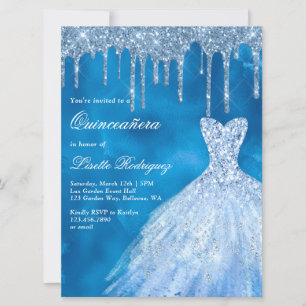 Invitación Purpurina azul de lujo Drips Quinceanera
