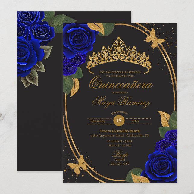 Invitación Purpurina azul de oro negro mariposa Quinceañera (Anverso / Reverso)