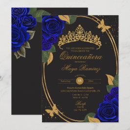 Invitación Purpurina azul de oro negro mariposa Quinceañera