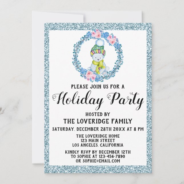Invitación Purpurina azul del partido feriado de los Navidade (Anverso)
