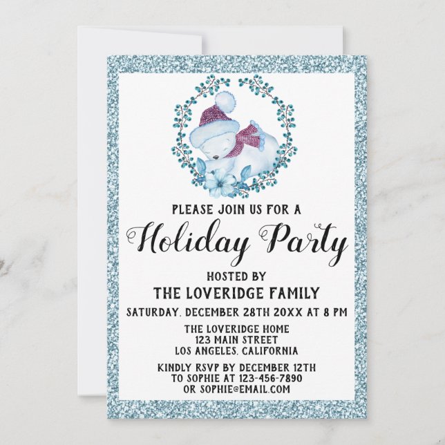 Invitación Purpurina azul del partido feriado de los Navidade (Anverso)