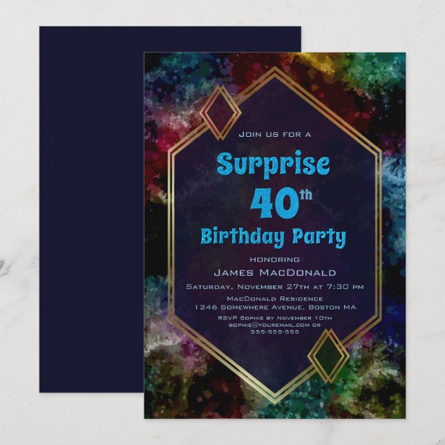 Invitación Purpurina azul dorado Sorpresa 40 Fiesta de cumple (Anverso / Reverso)