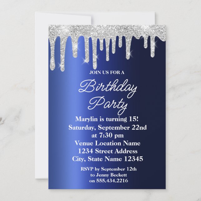 INVITACIÓN PURPURINA AZUL DRIP ELEGANTE CUMPLEAÑOS (Anverso)