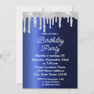 INVITACIÓN PURPURINA AZUL DRIP ELEGANTE CUMPLEAÑOS
