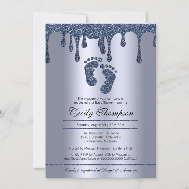 Invitación Purpurina azul Drip Lujo Metálico Pies Ducha (Anverso)