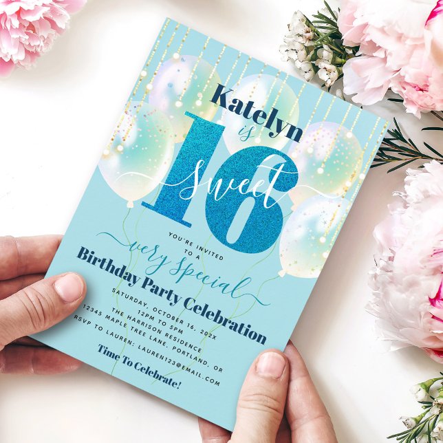 Invitación Purpurina azul dulce 16 globos de cumpleaños moder (Subido por el creador)