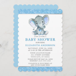 Invitación Purpurina azul elefante acuarela Baby Shower