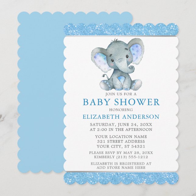 Invitación Purpurina azul elefante acuarela Baby Shower (Anverso / Reverso)