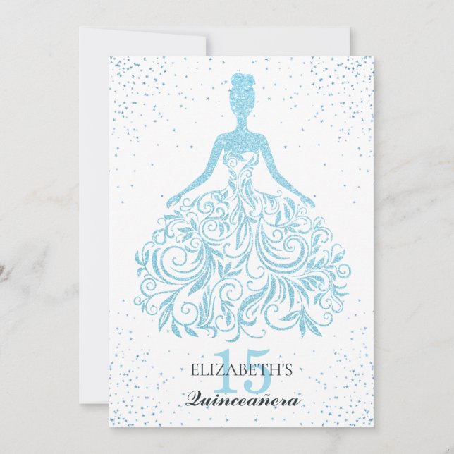 Invitación Purpurina Azul Esparkle Vestido Elegante Quinceañe (Anverso)