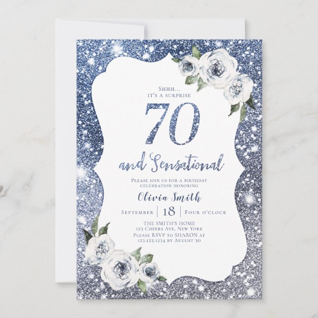 Invitación Purpurina azul espumoso y 70 cumpleaños floral (Anverso)