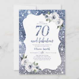Invitación Purpurina azul espumoso y 70 cumpleaños floral