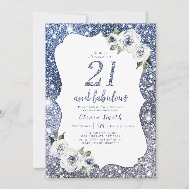 Invitación Purpurina azul espumoso y floral 21 cumpleaños (Anverso)