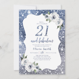 Invitación Purpurina azul espumoso y floral 21 cumpleaños