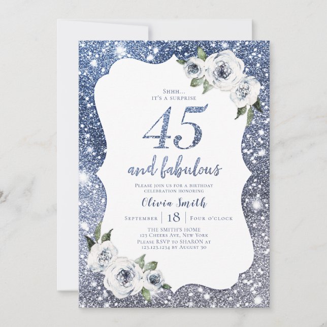 Invitación Purpurina azul espumoso y floral 45 años (Anverso)