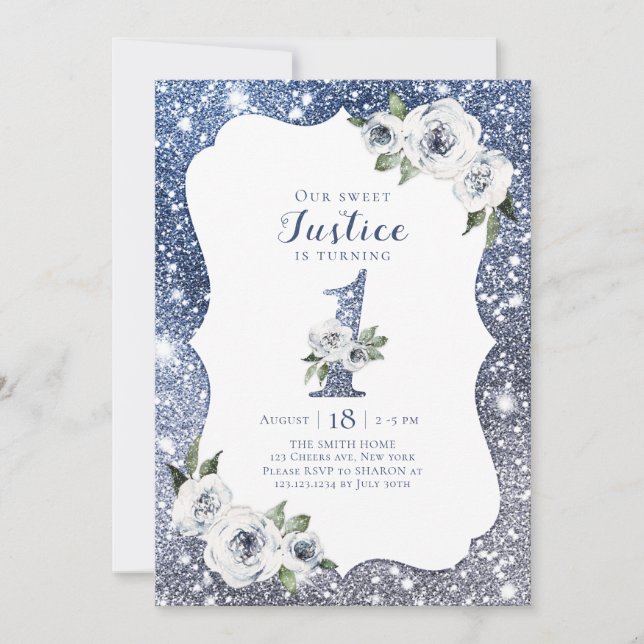 Invitación Purpurina azul espumoso y floral primer cumpleaños (Anverso)
