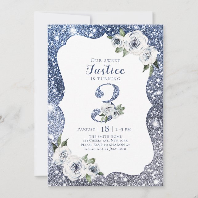 Invitación Purpurina azul espumoso y floral tercer cumpleaños (Anverso)