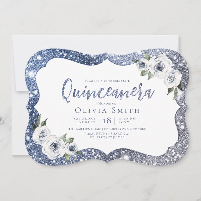 Invitación Purpurina azul espumoso y quinceanera floral (Anverso)