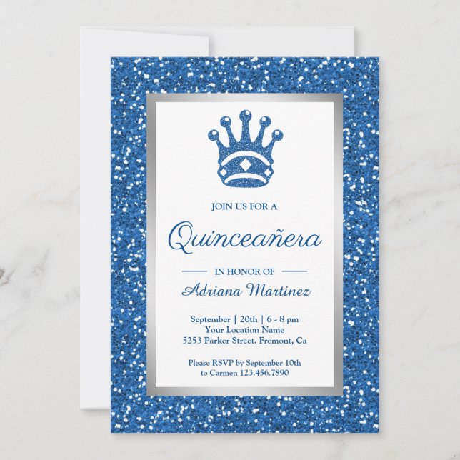 Invitación Purpurina azul falso Tiara Princesa Quinceanera (Anverso)