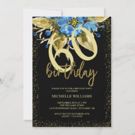 Invitación Purpurina azul floral caligrafía de oro cumpleaños